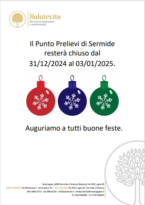 PUNTO PRELIEVI - CHIUSURA PER FESTIVITÁ